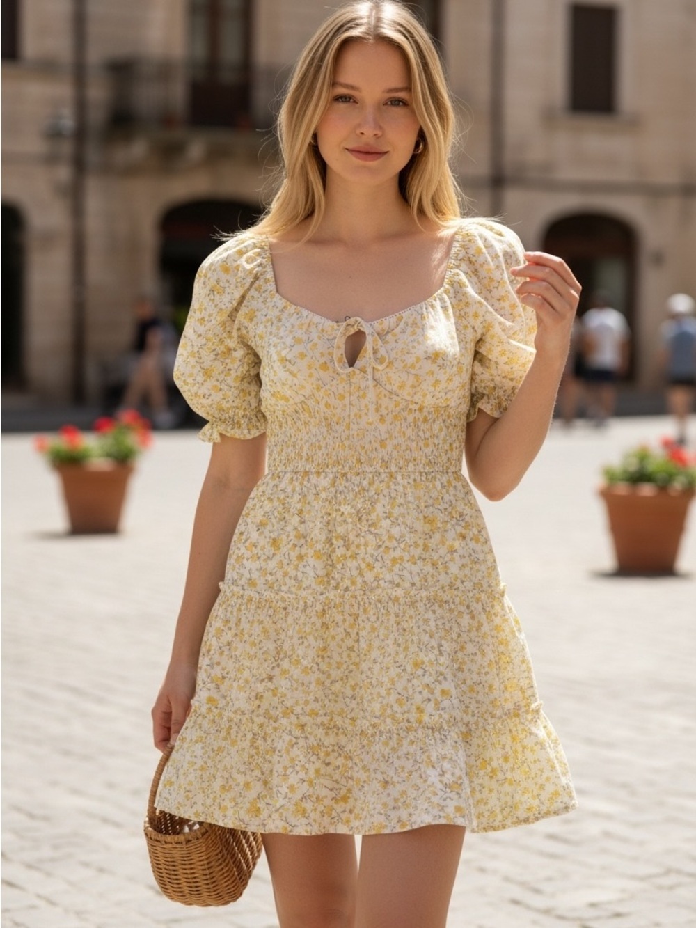 Trixxi Yellow Floral Puff Sleeve Mini Dress Size M Cottagecore